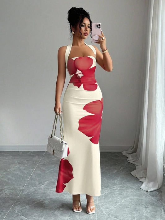 Women's Floral Print Halter Neck Maxi Dress | Backless Summer Dress
