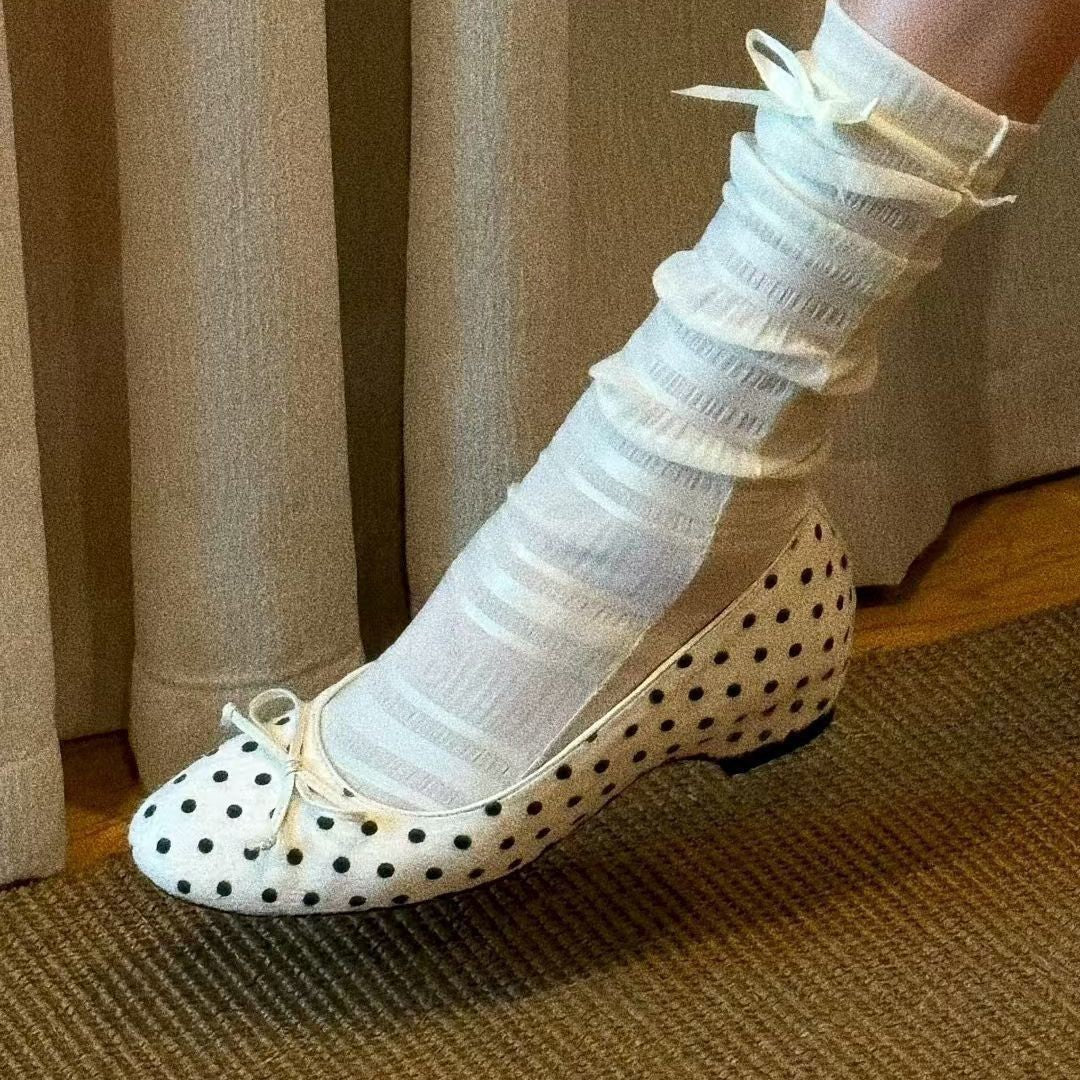 Women's Polka Dot Bow Mary Jane Flats | Mid Heel Round Toe PU Dress Shoes