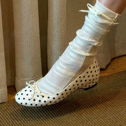 Women's Polka Dot Bow Mary Jane Flats | Mid Heel Round Toe PU Dress Shoes