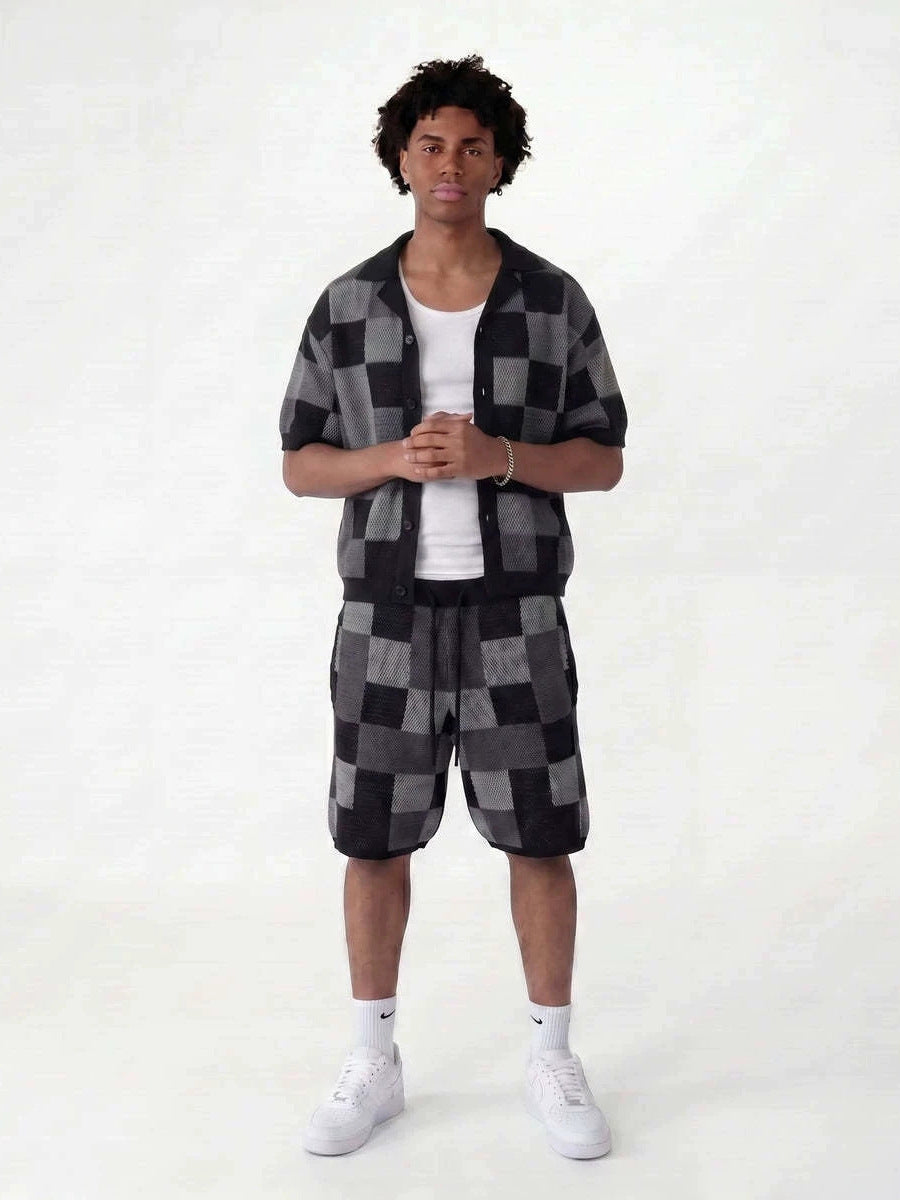 Men's Checkered Jacquard Shirt & Shorts Set | Relaxed Summer Co-Ord