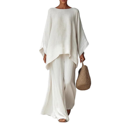 Women's Cotton Linen Wide Leg Pants & Top Set | Casual Resort Suit