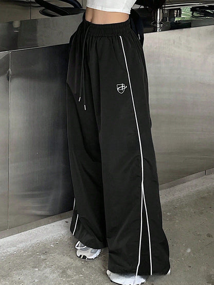 Women's Wide Leg Striped Casual Track Pants | Cotton Blend Streetwear Trousers