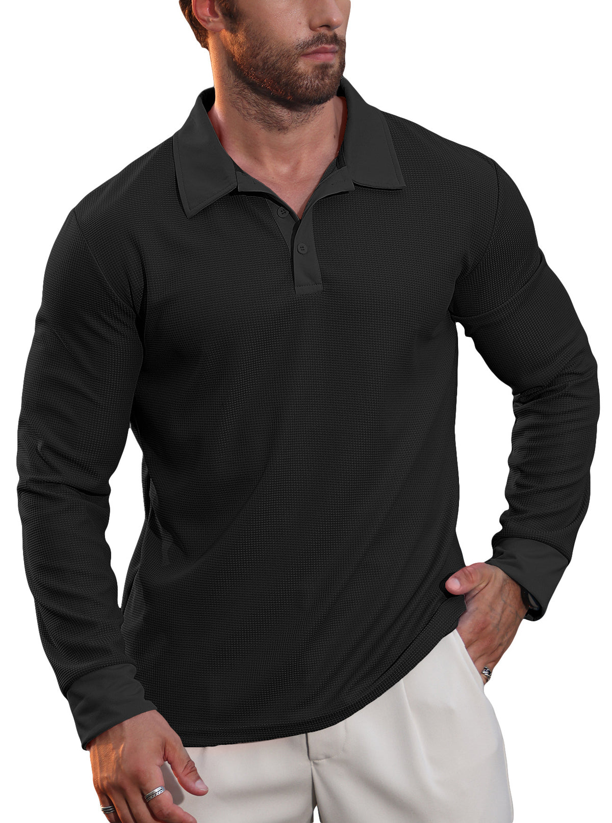 Men's Waffle Knit Long Sleeve Polo Shirt | Textured Casual Collar Top