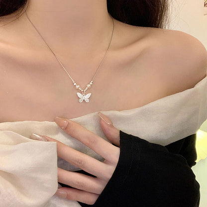 Butterfly Pearl Bow Pendant Necklace | Alloy Clavicle Chain Jewelry