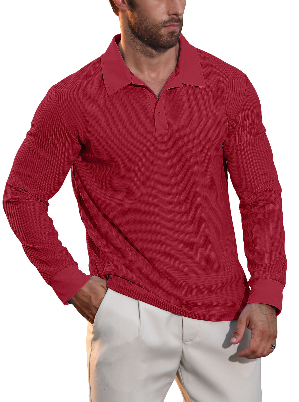 Men's Waffle Knit Long Sleeve Polo Shirt | Textured Casual Collar Top
