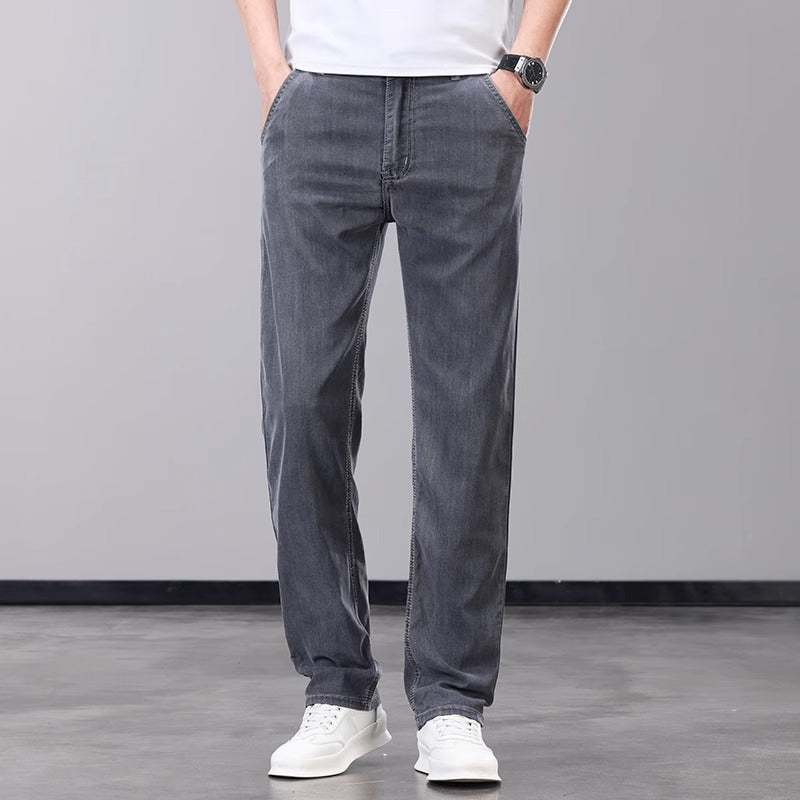 Men's Light Wash Straight Leg Stretch Jeans | Relaxed Fit Casual Denim Pants