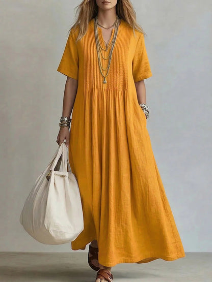 Women's Cotton Linen V-Neck Maxi Dress | Boho Casual Summer Dress