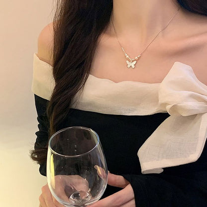 Butterfly Pearl Bow Pendant Necklace | Alloy Clavicle Chain Jewelry