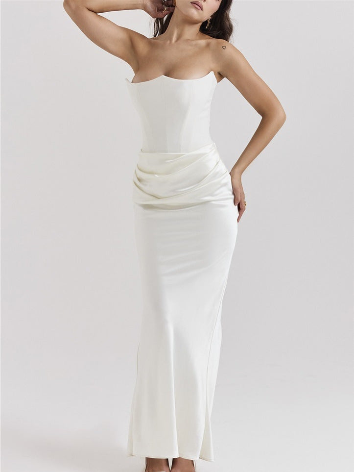 Women's One Shoulder Pleated Bodysuit Dress | Structured Formal Evening Gown