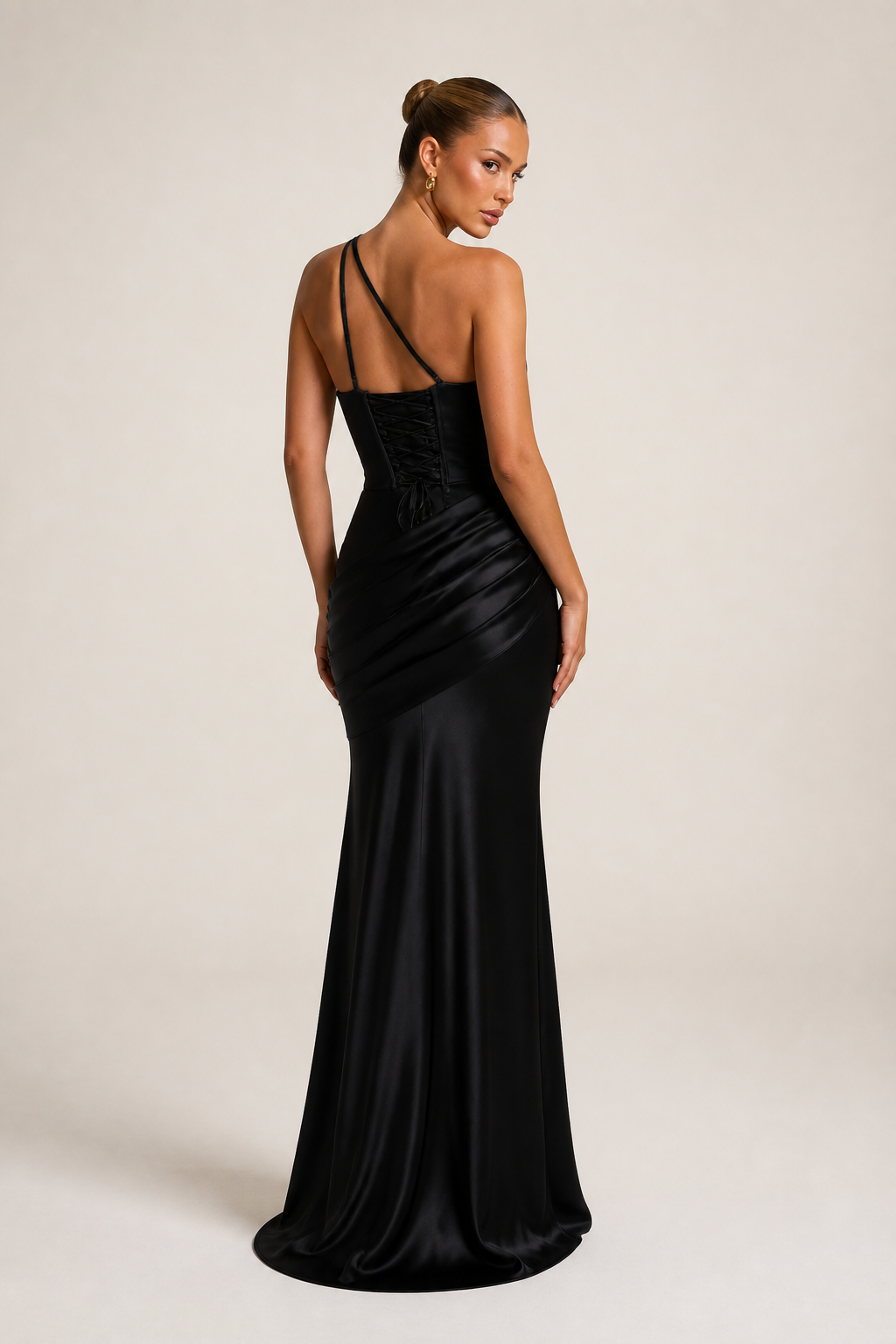 Black one-shoulder mermaid gown supplier-matched rear view