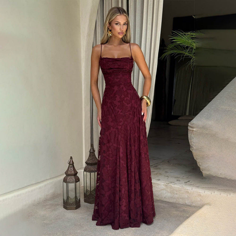 Women's Lace A-Line Evening Gown | Backless Spaghetti Strap Formal Maxi Dress