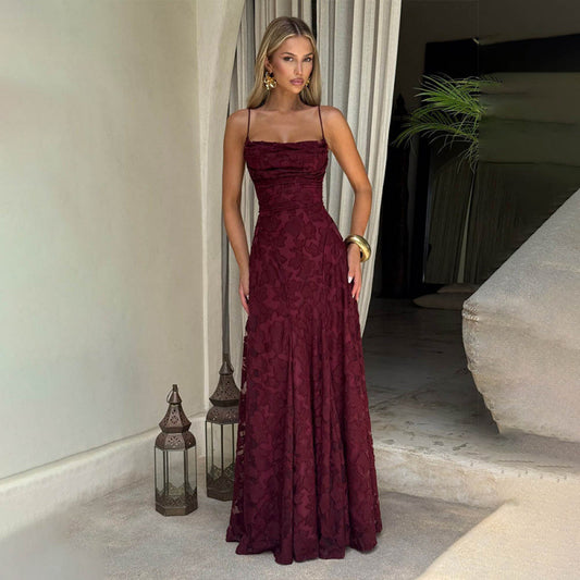 Women's Lace A-Line Evening Gown | Backless Spaghetti Strap Formal Maxi Dress