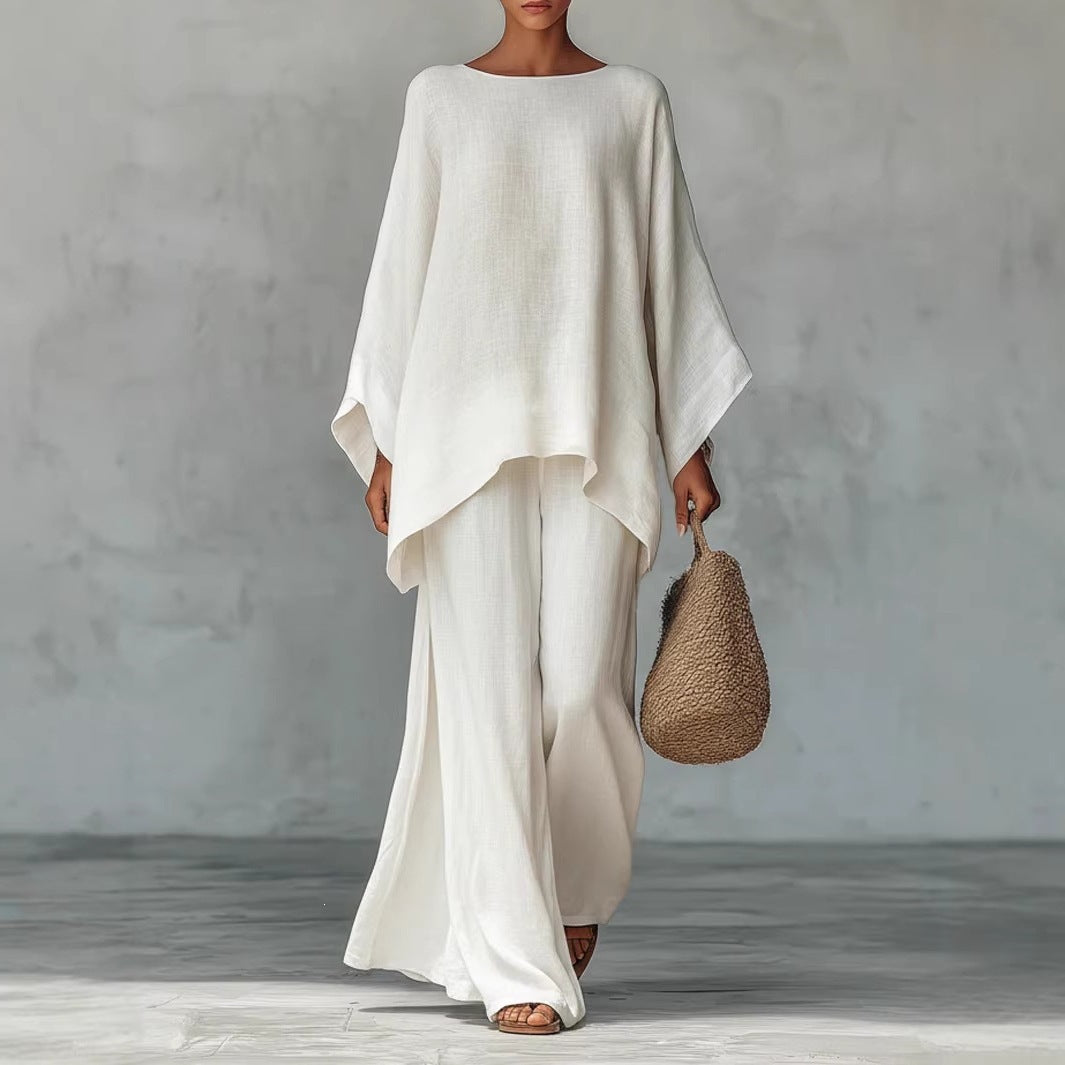 Women's Cotton Linen Wide Leg Pants & Top Set | Casual Resort Suit