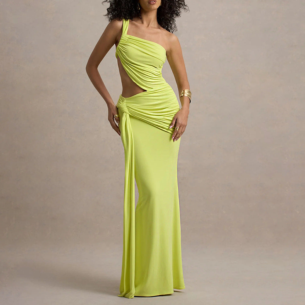 Women's One-Shoulder Ruched Backless Maxi Dress | Sleeveless Evening Gown