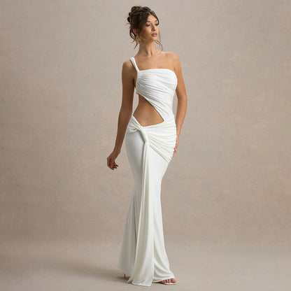 Women's One-Shoulder Ruched Backless Maxi Dress | Sleeveless Evening Gown