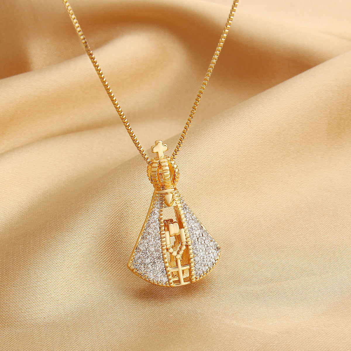 Double-Sided Zircon Cross Pendant Necklace | Colorful Madonna Copper Jewelry