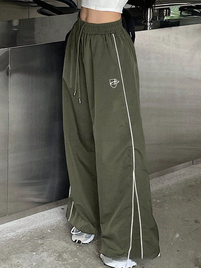 Women's Wide Leg Striped Casual Track Pants | Cotton Blend Streetwear Trousers
