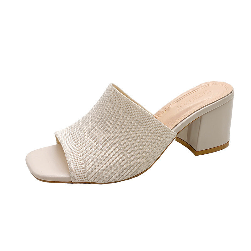 Women's Open Toe Knit Block Heel Sandals | Chunky Wedge Slip-On Heels