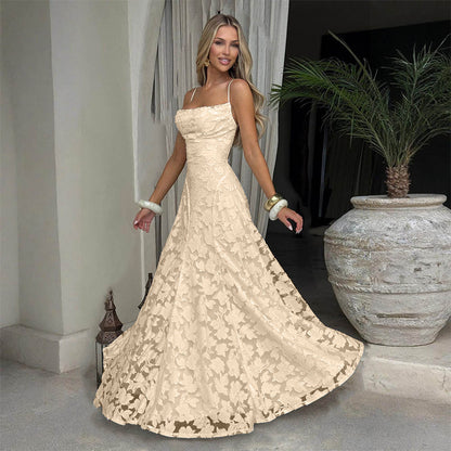 Women's Lace A-Line Evening Gown | Backless Spaghetti Strap Formal Maxi Dress