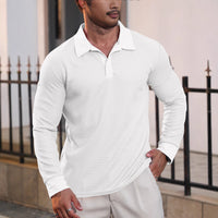 Men's Waffle Knit Long Sleeve Polo Shirt | Textured Casual Collar Top