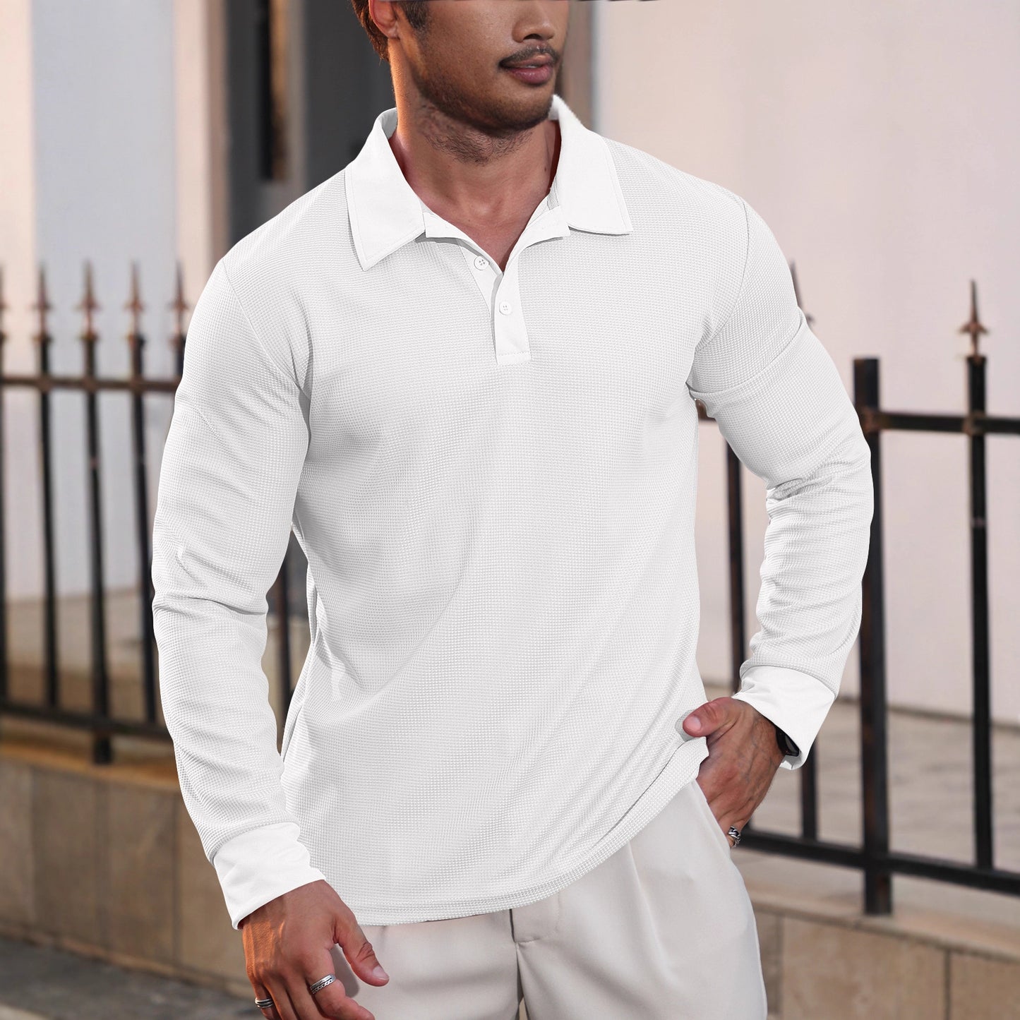 Men's Waffle Knit Long Sleeve Polo Shirt | Textured Casual Collar Top