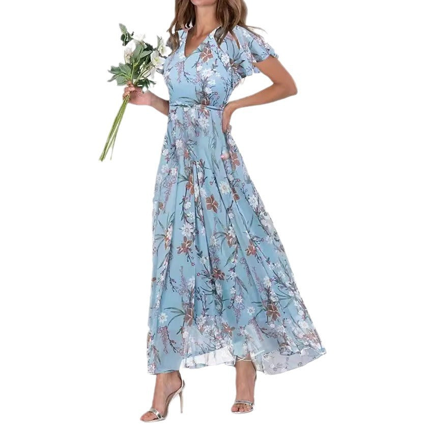 Women's Chiffon Floral Print Ruffle Maxi Dress | V-Neck Short Sleeve Summer Dress