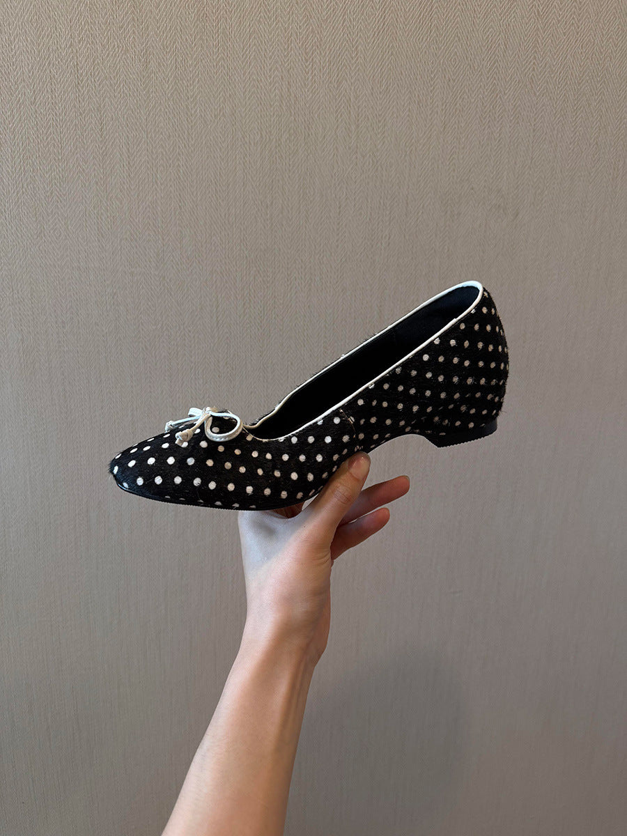 Women's Polka Dot Bow Mary Jane Flats | Mid Heel Round Toe PU Dress Shoes