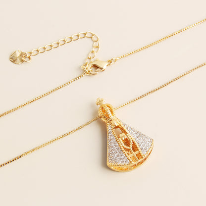 Double-Sided Zircon Cross Pendant Necklace | Colorful Madonna Copper Jewelry