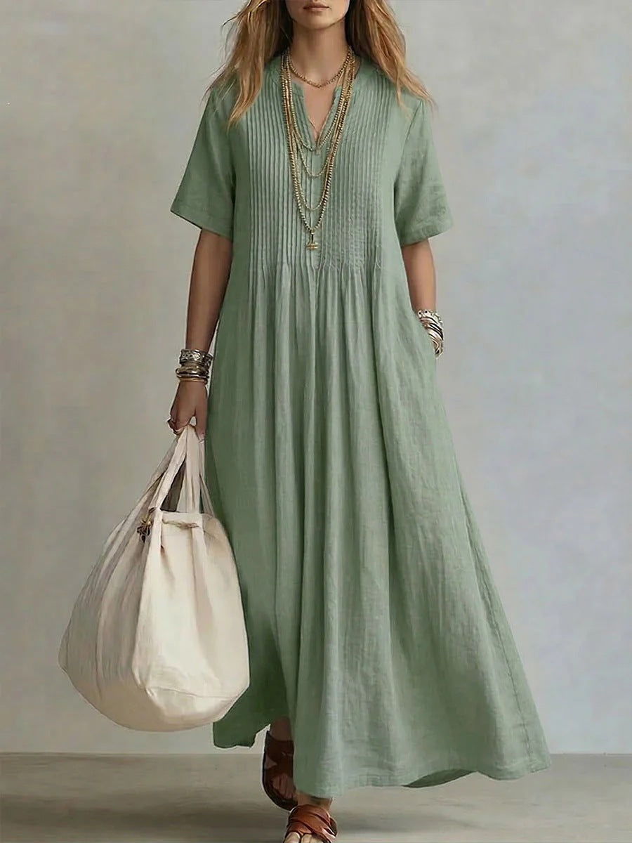 Women's Cotton Linen V-Neck Maxi Dress | Boho Casual Summer Dress