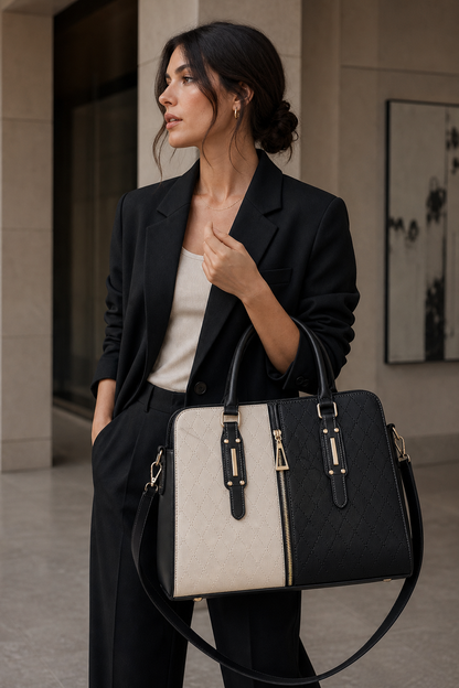 Model carrying black and cream color block large tote handbag