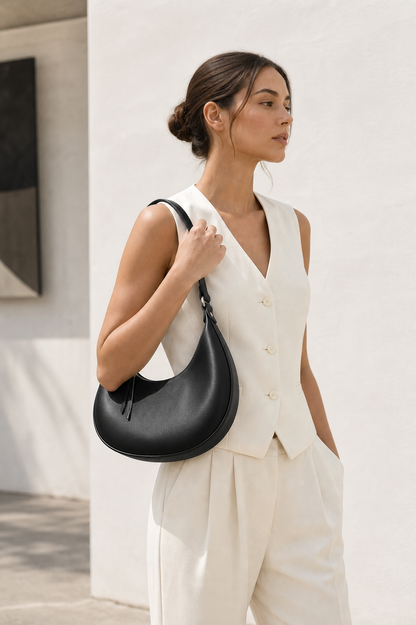 Black crescent moon shoulder bag lifestyle photo