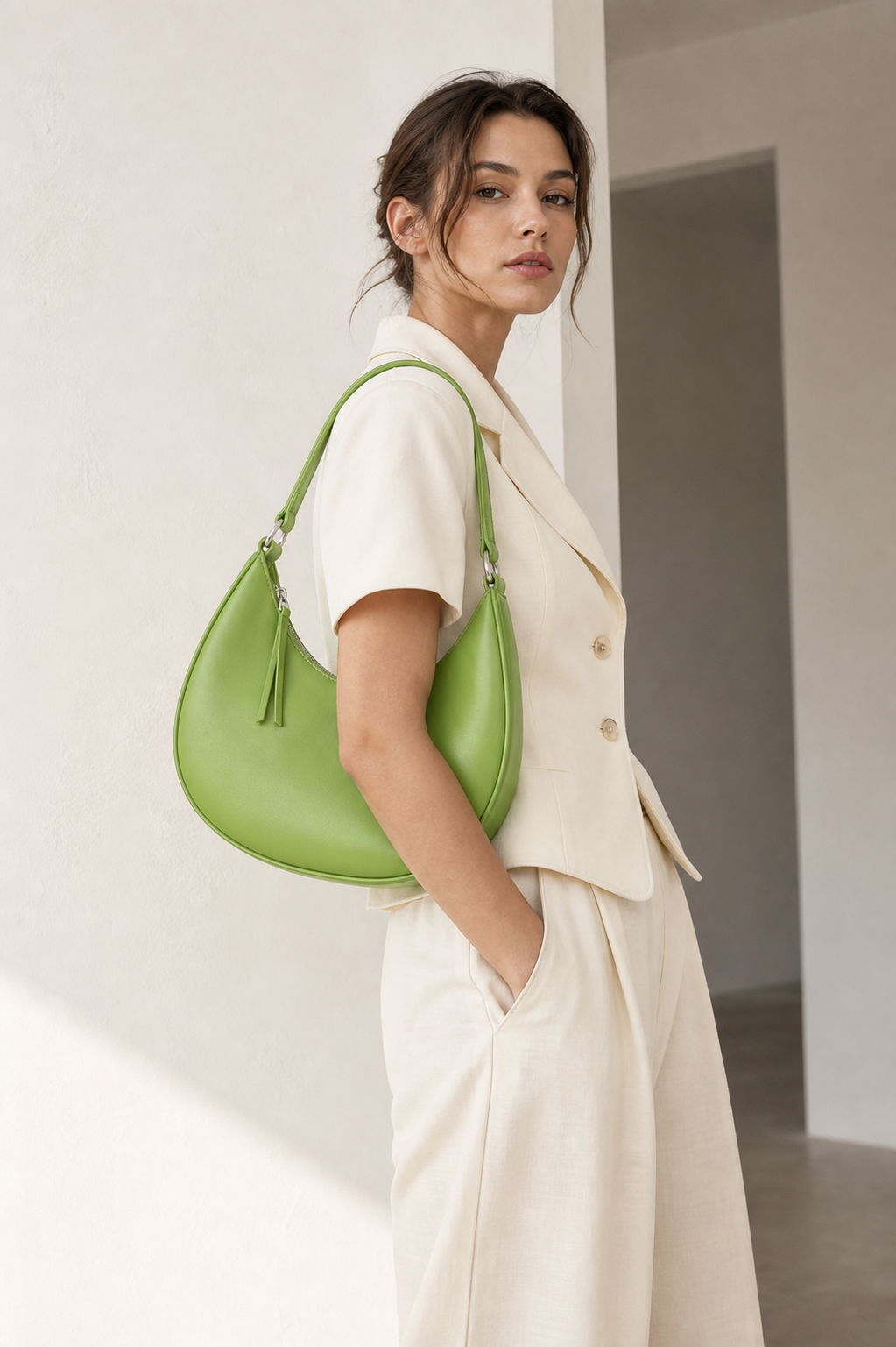 Green crescent moon shoulder bag lifestyle photo