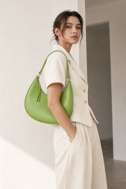 Green crescent moon shoulder bag lifestyle photo
