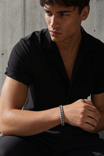 Model wearing Cuban link titanium steel bracelet lifestyle photo