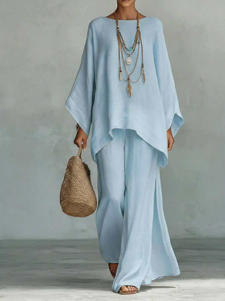 Women's Cotton Linen Wide Leg Pants & Top Set | Casual Resort Suit