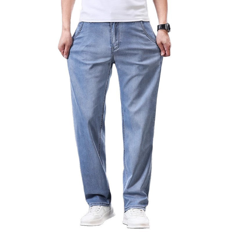 Men's Light Wash Straight Leg Stretch Jeans | Relaxed Fit Casual Denim Pants