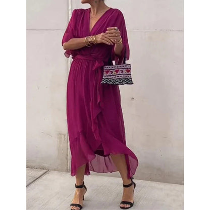 Women's Bat Sleeve V-Neck Chiffon Maxi Dress | High Waist Irregular Hem