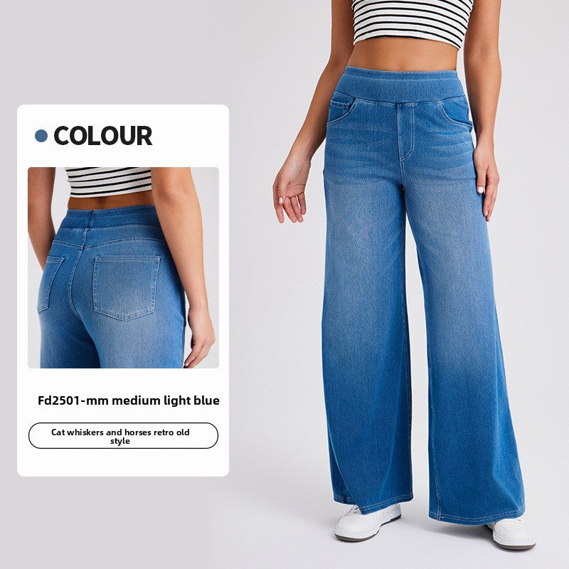Women's High Waist Wide Leg Stretch Jeans | Pull-On Casual Denim Pants