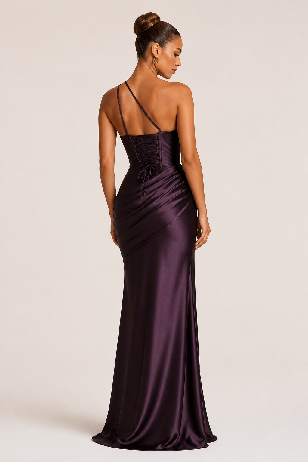 Dark Brown one-shoulder mermaid gown supplier-matched rear view