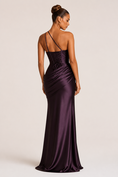 Dark Brown one-shoulder mermaid gown supplier-matched rear view