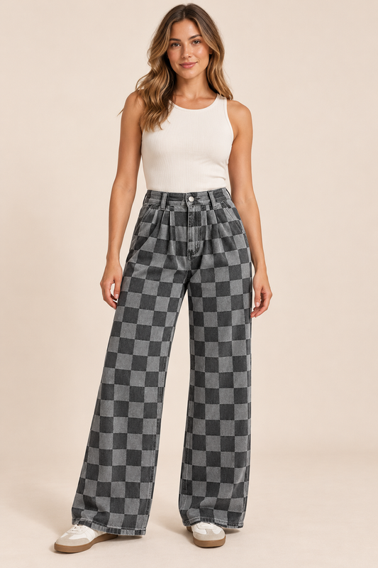 Women's Checkered Wide-Leg Jeans in Dark Grey — front studio view