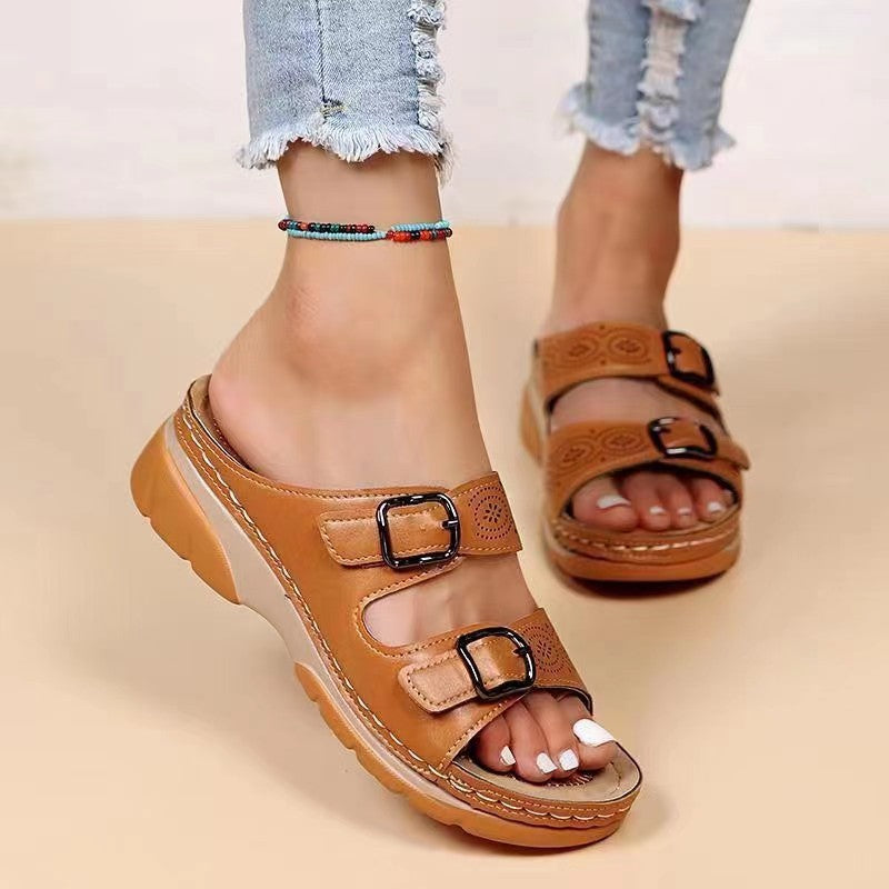 Women's Platform Buckle Slides | Thick Sole Round Toe Slippers