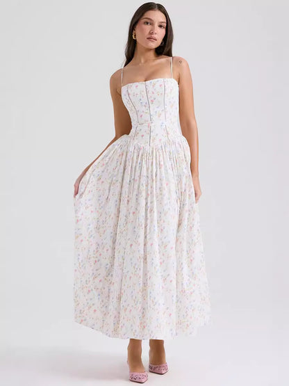 Women's Corset Slip Midi Dress | High Waist Floral Print Summer Sundress
