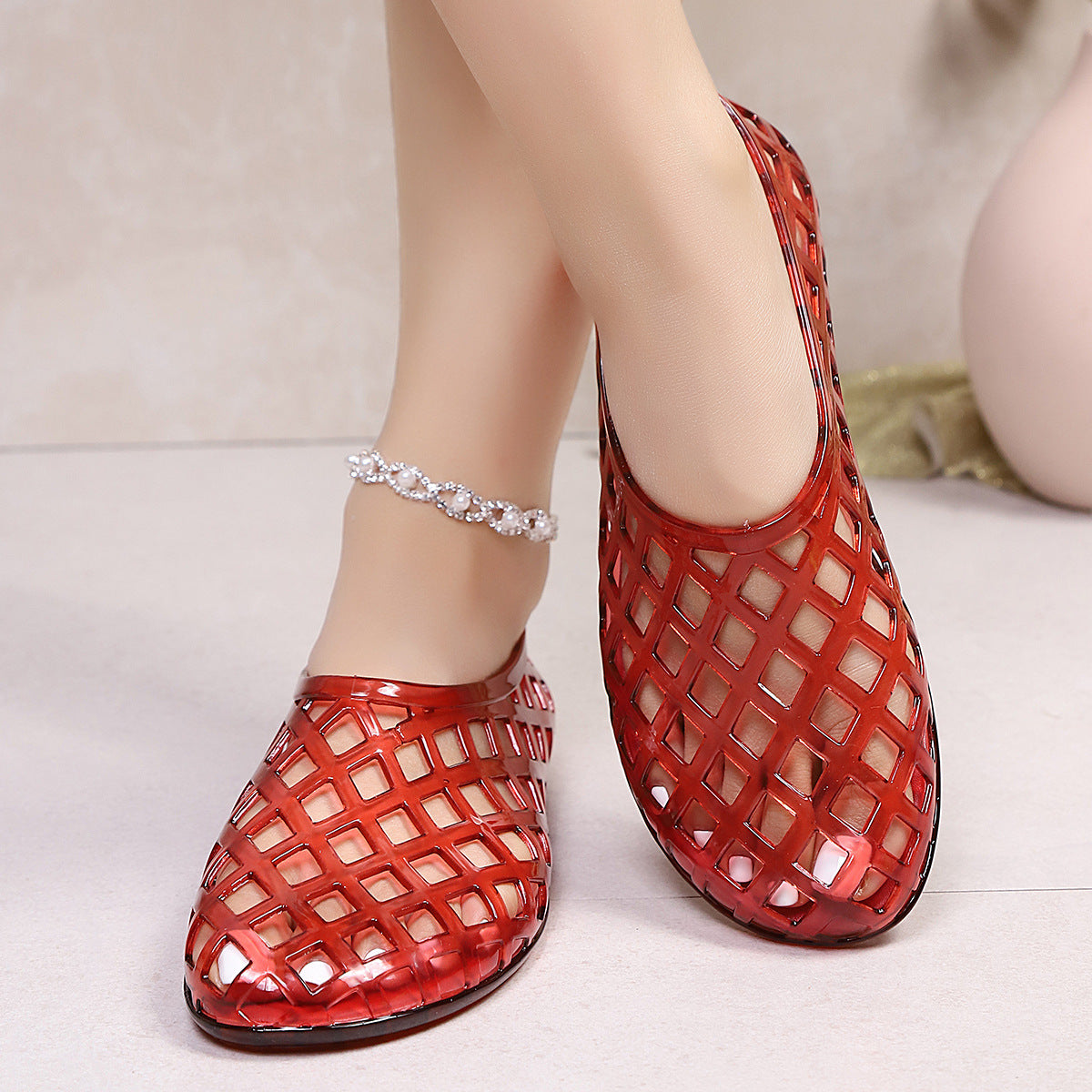 Women's Woven PVC Jelly Flats | Square Toe Summer Slip-On Shoes