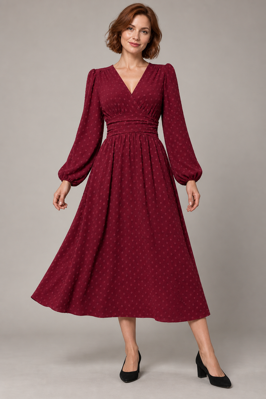 Women's Wine red crossover V-neck textured-dot dress studio view