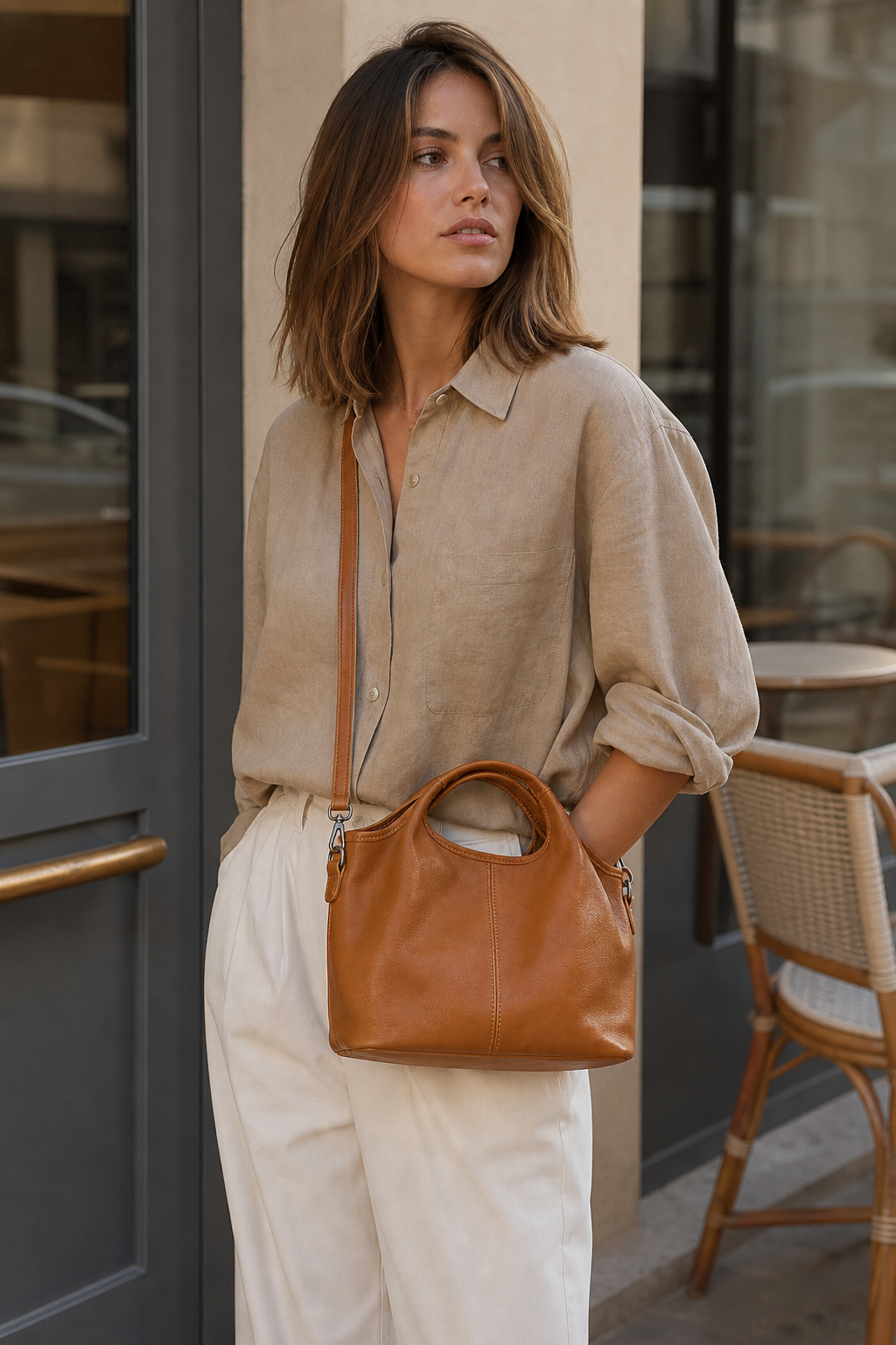 Model wearing caramel leather dumpling crossbody shoulder bag