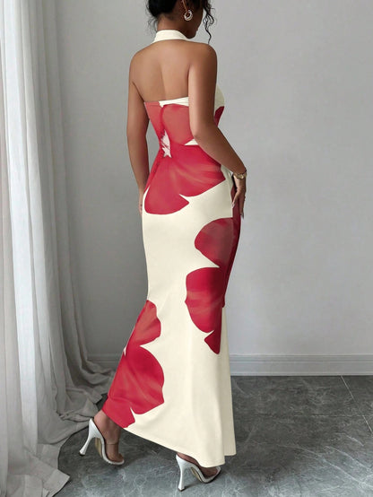 Women's Floral Print Halter Neck Maxi Dress | Backless Summer Dress