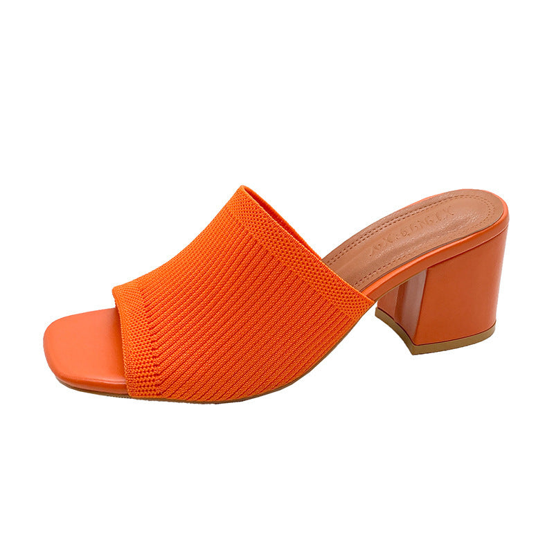 Women's Open Toe Knit Block Heel Sandals | Chunky Wedge Slip-On Heels