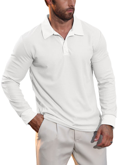 Men's Waffle Knit Long Sleeve Polo Shirt | Textured Casual Collar Top