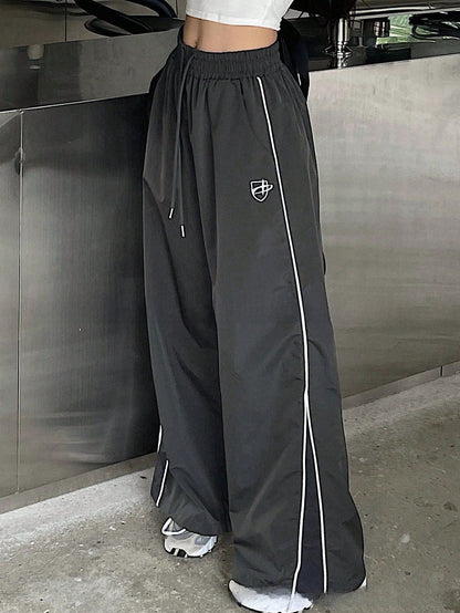 Women's Wide Leg Striped Casual Track Pants | Cotton Blend Streetwear Trousers